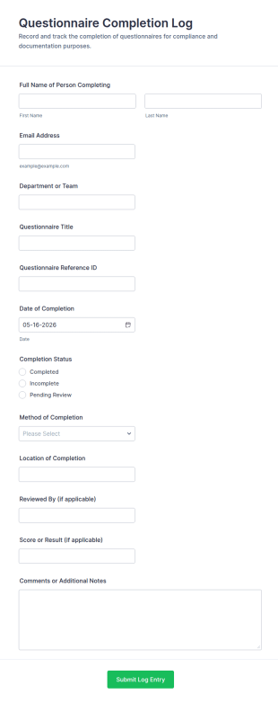 Questionnaire Completion Log Form Template