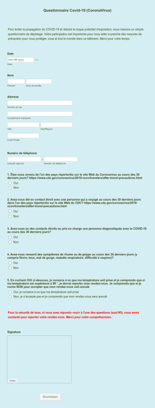 Questionnaire Covid 19 (CoronaVirus)