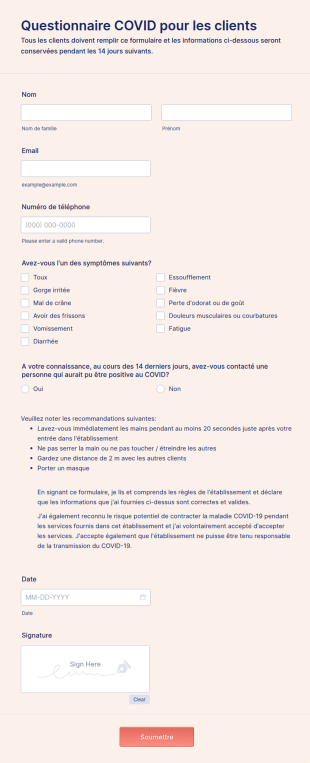 Questionnaire COVID Pour Les Clients
