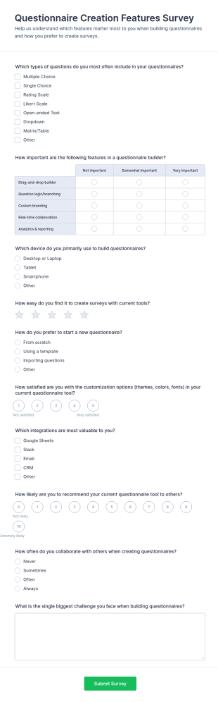 Questionnaire Creation Features Survey Form Template