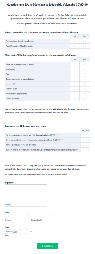 Questionnaire D'Auto Dépistage Médical Du Volontaire COVID 19