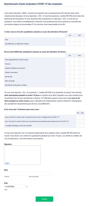 Questionnaire D'auto évaluation COVID 19 Des Employés