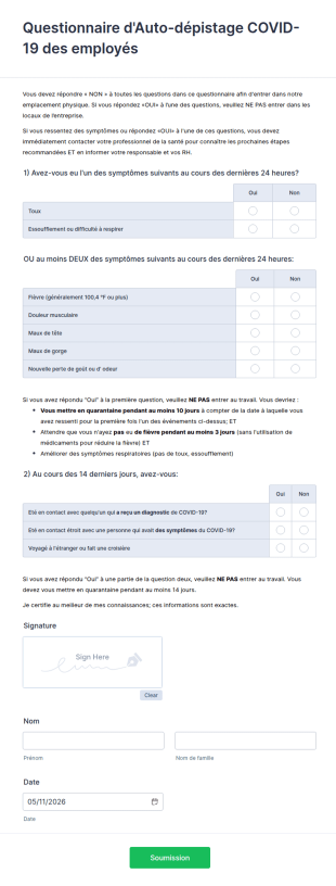 Questionnaire D'Autotest De Dépistage COVID 19 Des Employés