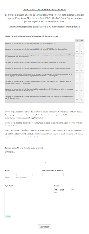 Questionnaire De Dépistage COVID 19 Pour Les Patients Dentaires