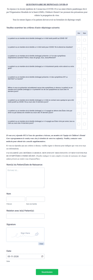 Questionnaire De Dépistage COVID 19 Pour Les Patients
