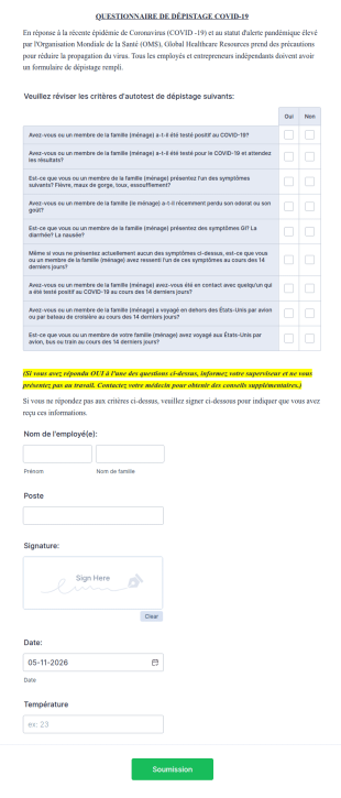 Questionnaire De Dépistage D'equipe Covid 19