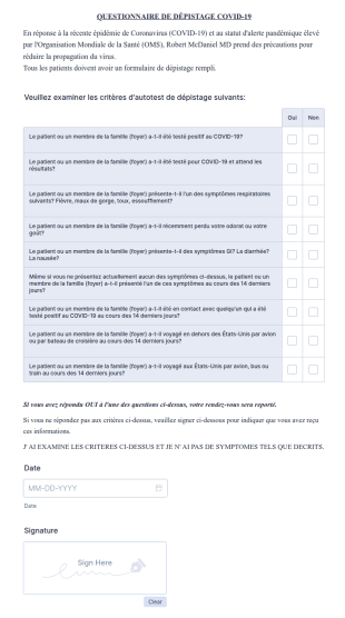 QUESTIONNAIRE DE DÉPISTAGE DU PATIENT COVID 19 Cabinets Médicaux
