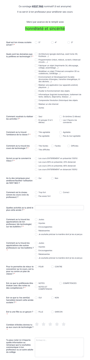Questionnaire De Fin D'année Form Template