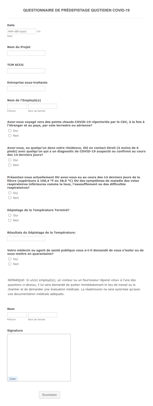 Questionnaire De Prédepistage Quotidien Covid 19