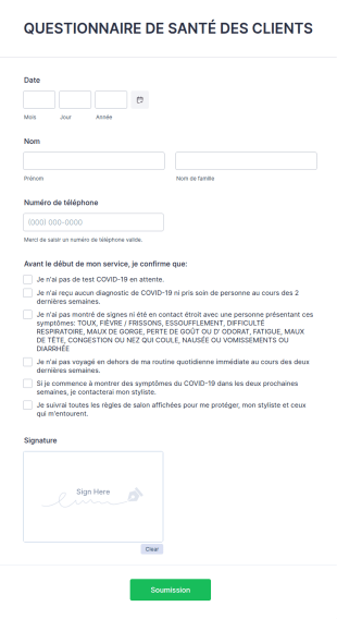 Questionnaire De Santé Du Client COVID 19