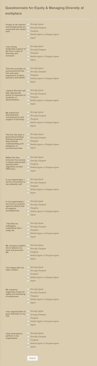Questionnaire For Equity & Managing Diversity At Workplace Form Template