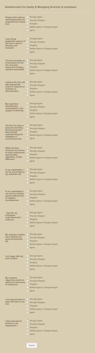 Questionnaire For Equity & Managing Diversity At Workplace Form Template