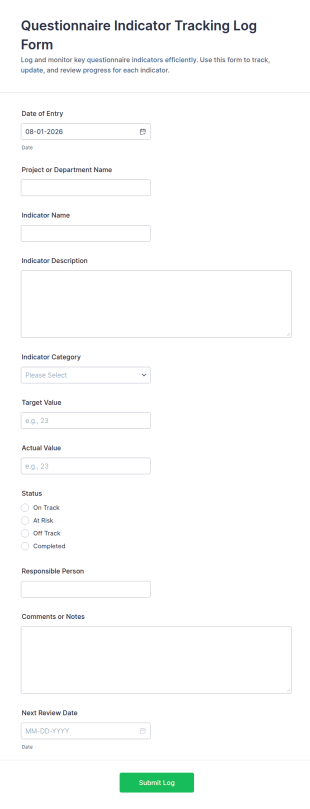 Questionnaire Indicator Tracking Log Form Template