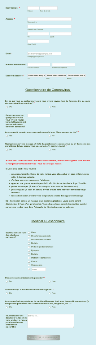 Questionnaire Médical Covid Form Template