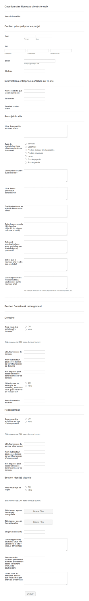 Questionnaire Nouveau Client Site Web E3.0