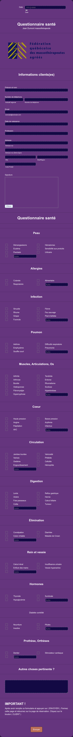 Questionnaire Santé Form Template