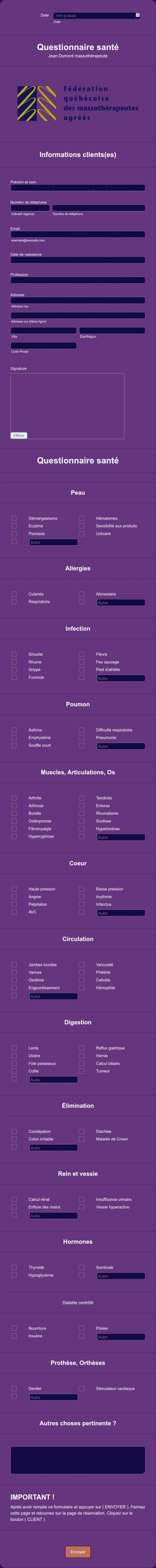 Questionnaire Santé Form Template