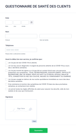 Questionnaire Sur La Santé Des Clients COVID 19