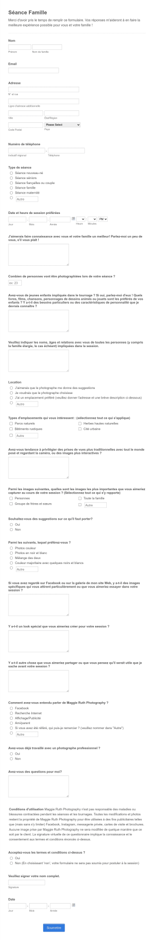Questionnaire Sur La Séance De Photographie De Famille Form Template
