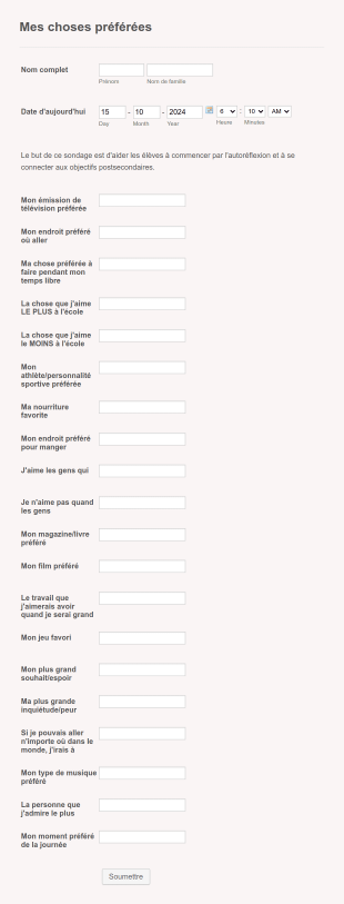 Questionnaire Sur Mes Choses Préférées