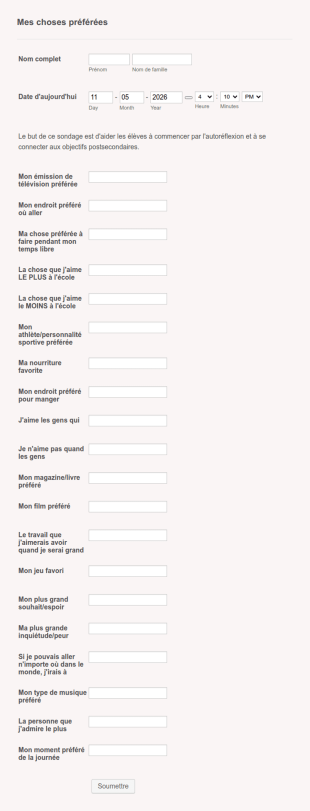 Questionnaire Sur Mes Choses Préférées