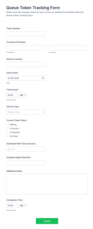 Queue Token Tracking Form Template