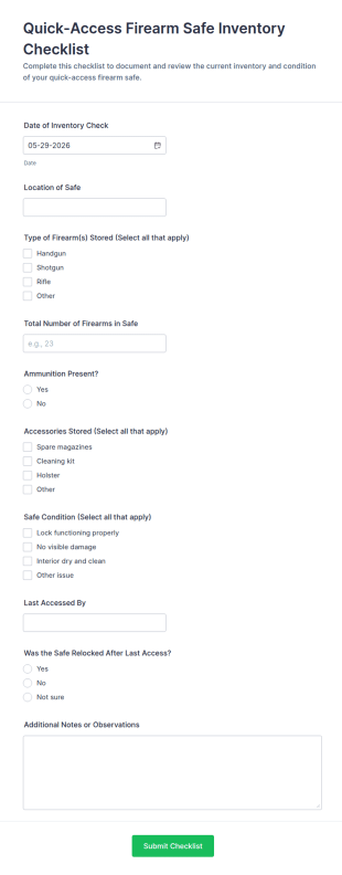 Quick Access Firearm Safe Inventory Checklist Form Template