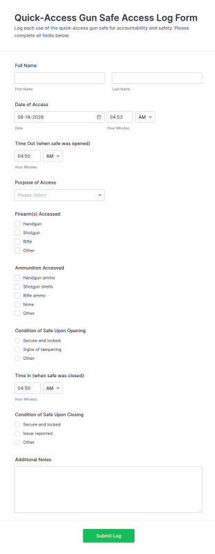 Quick Access Gun Safe Access Log Form Template