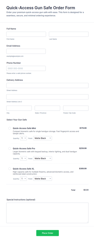 Quick Access Gun Safe Order Form Template