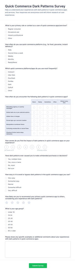 Quick Commerce Dark Patterns Survey Form Template