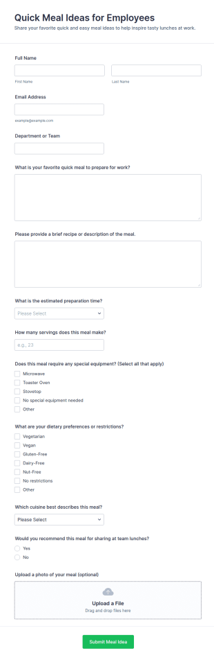 Quick Meal Ideas For Employees Form Template