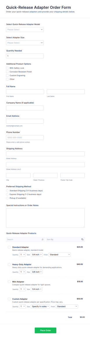Quick Release Adapter Order Form Template