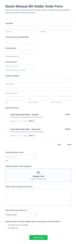 Quick Release Bit Holder Order Form Template