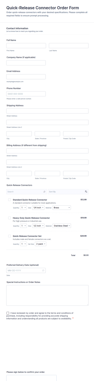 Quick Release Connector Order Form Template