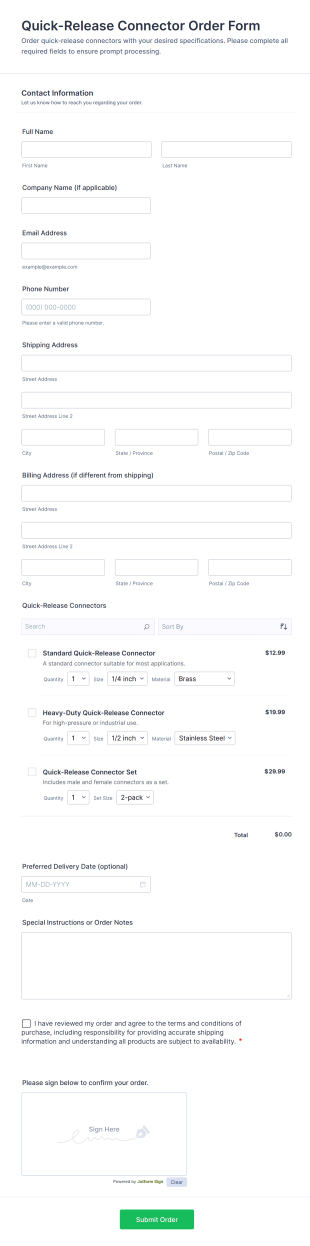 Quick Release Connector Order Form Template