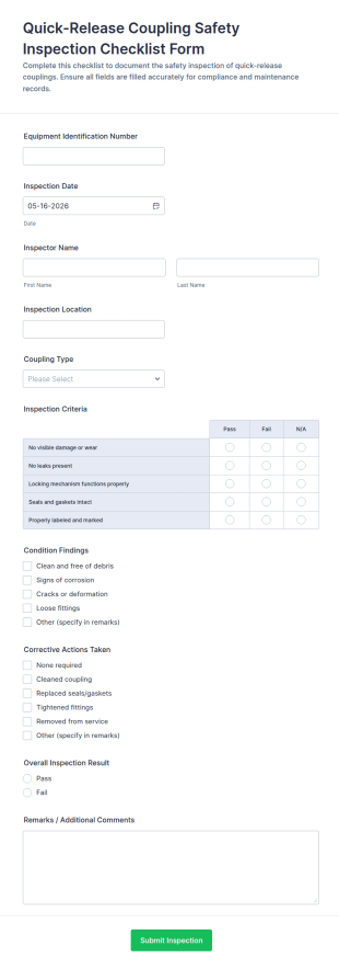 Quick Release Coupling Safety Inspection Checklist Form Template