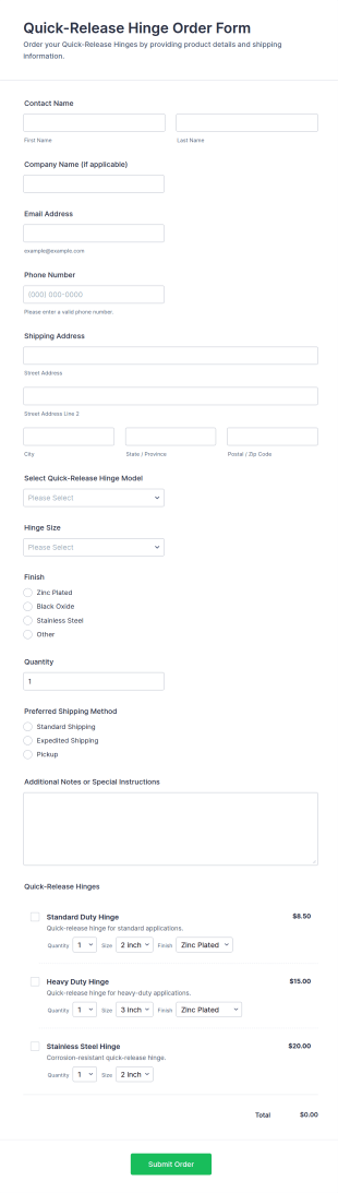 Quick Release Hinge Order Form Template