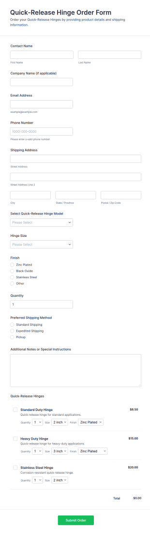 Quick Release Hinge Order Form Template