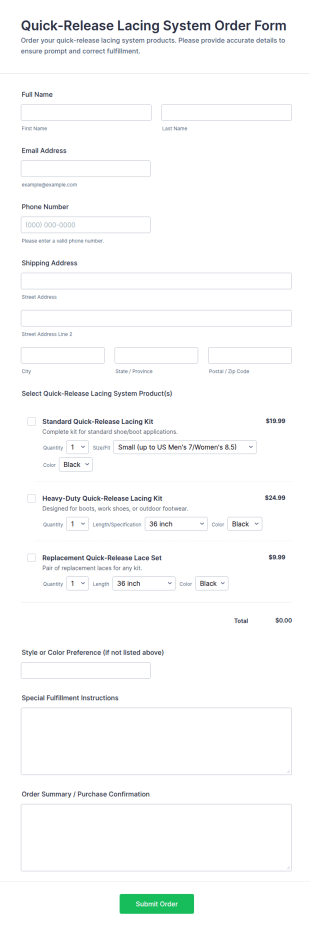 Quick Release Lacing System Order Form Template