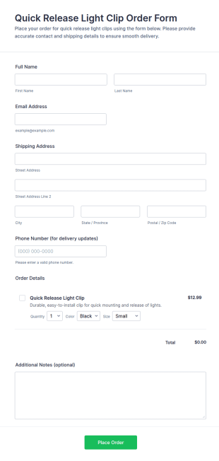 Quick Release Light Clip Order Form Template