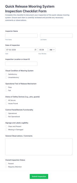 Quick Release Mooring System Inspection Form Template