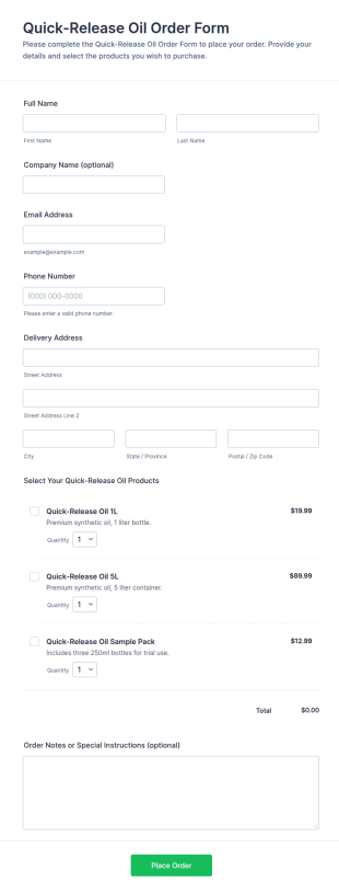 Quick Release Oil Order Form Template