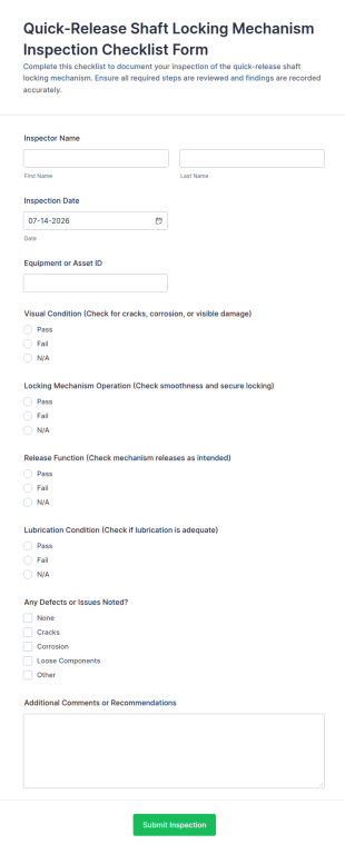 Quick Release Shaft Locking Mechanism Inspection Form Template