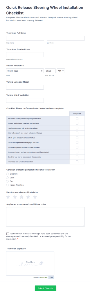 Quick Release Steering Wheel Installation Checklist Form Template