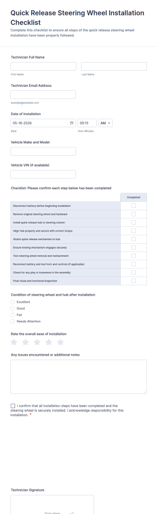Quick Release Steering Wheel Installation Checklist Form Template