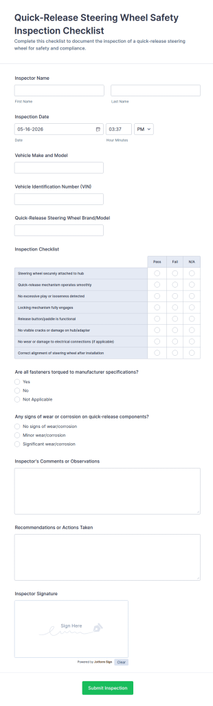 Quick Release Steering Wheel Safety Inspection Checklist Form Template