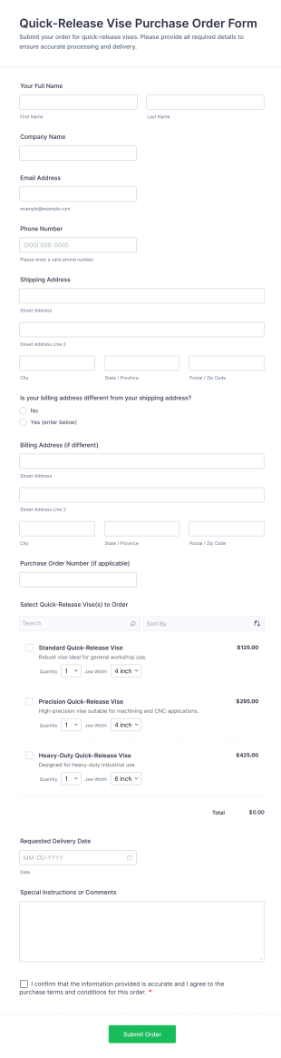 Quick Release Vise Purchase Order Form Template
