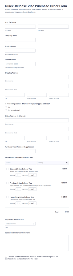 Quick Release Vise Purchase Order Form Template
