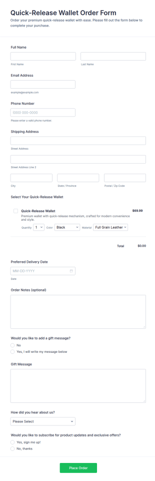 Quick Release Wallet Order Form Template
