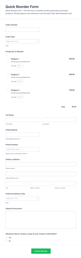 Quick Reorder Form Template